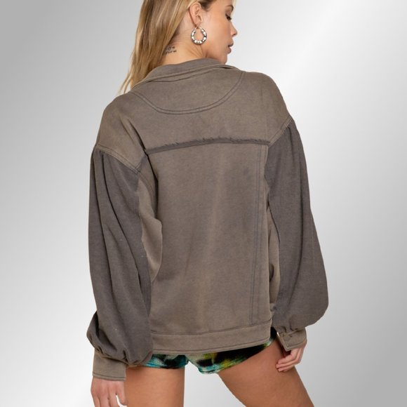 POL Ash Charcoal Boho Shirt Jacket Shacket | Mixed French Terry Fabrication - Picture 4 of 6